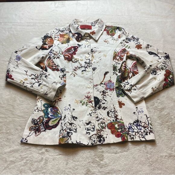 Culture By Krazy Larry Light Denim White W/Floral and Butterfly Shirt/Jacket - Picture 1 of 12